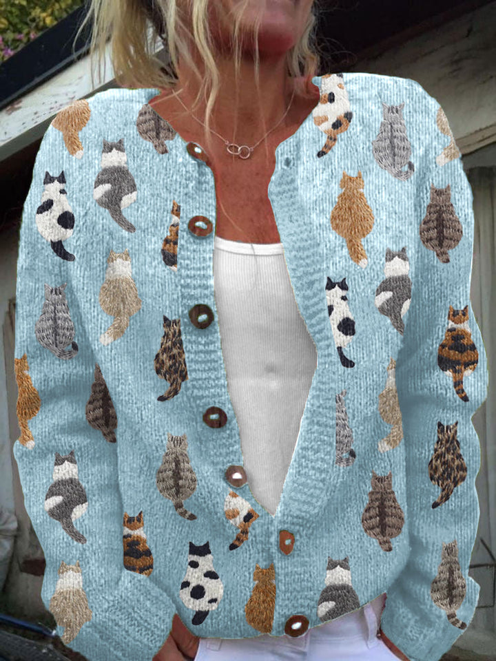 Michaela | Women's Cat Print Knit Cardigan for Autumn/Winter