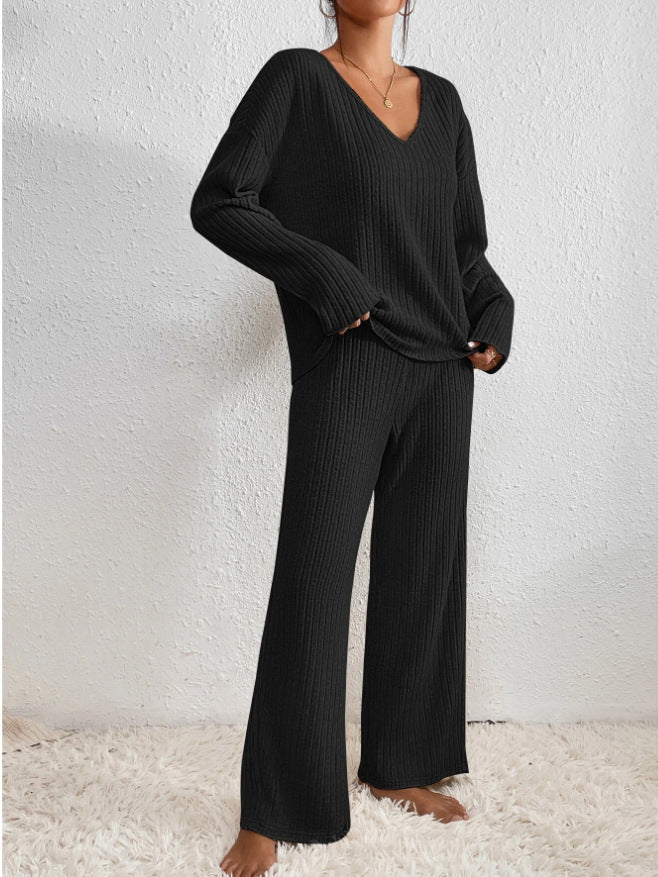 Dahlia | Women's Ribbed Knit Two Piece Set with V-Neckline and Wide Leg Trousers
