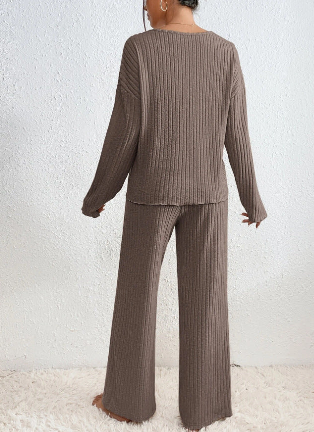 Dahlia | Women's Ribbed Knit Two Piece Set with V-Neckline and Wide Leg Trousers