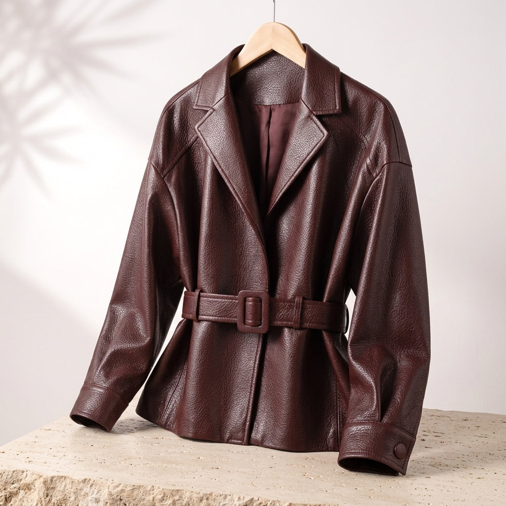 Valery | Belted Leather Jacket with Wide Collar and Cuffed Sleeves