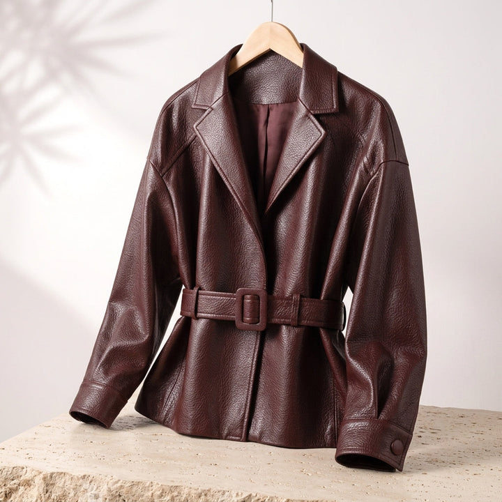 Valery | Belted Leather Jacket with Wide Collar and Cuffed Sleeves