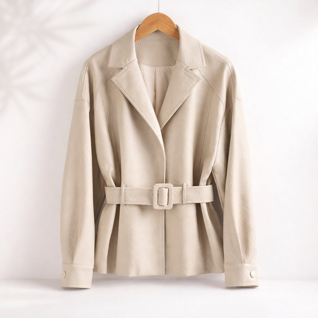 Valery | Belted Leather Jacket with Wide Collar and Cuffed Sleeves