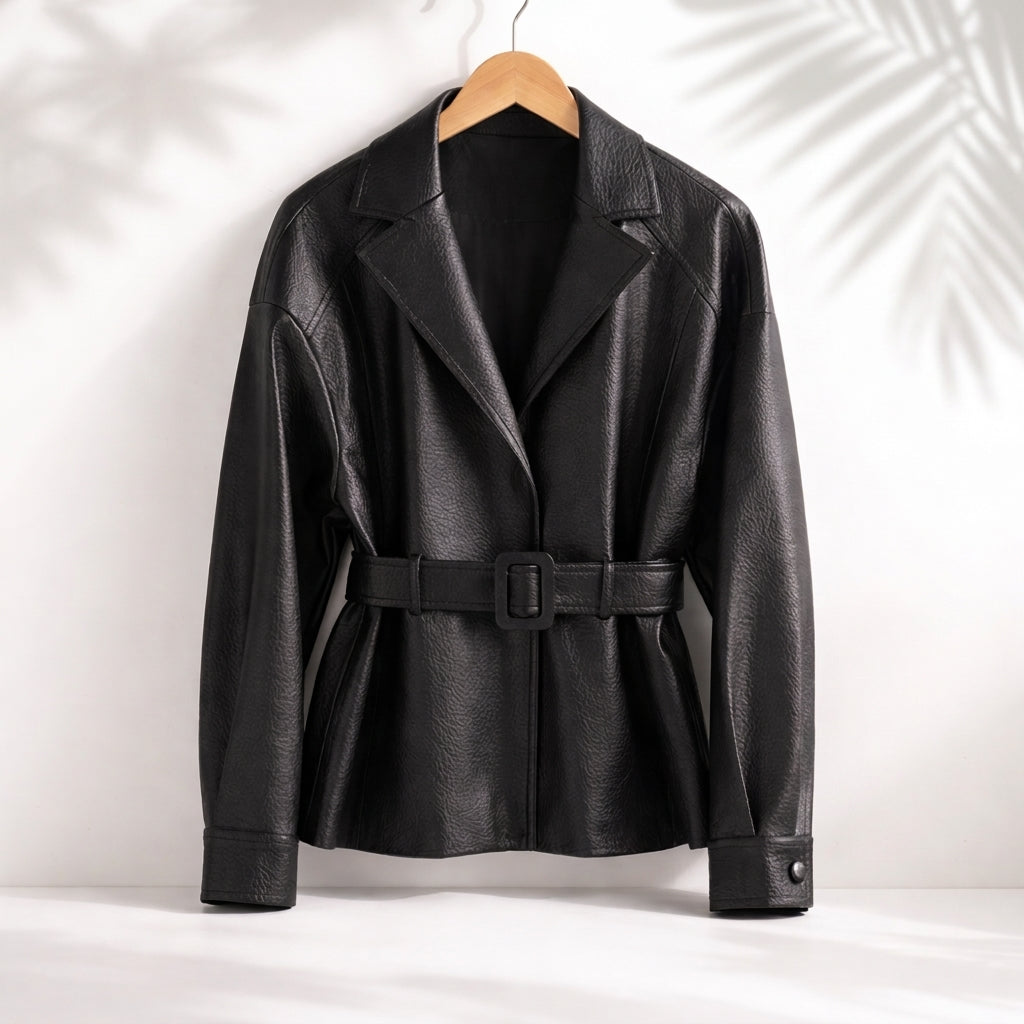 Valery | Belted Leather Jacket with Wide Collar and Cuffed Sleeves