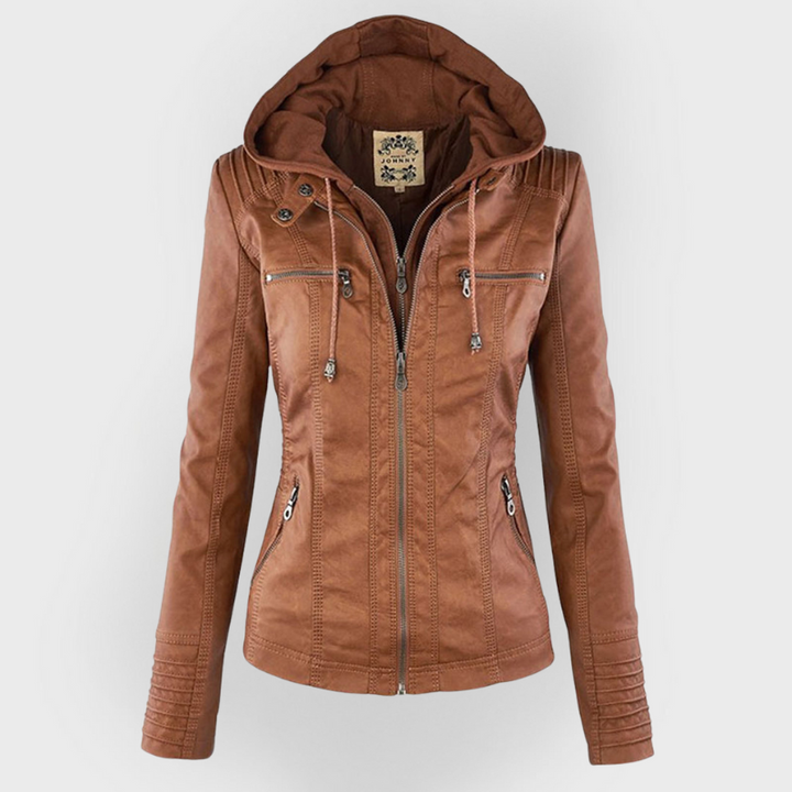 Emily | Women's Leather Biker Jacket with Removable Hood and Zip Detail