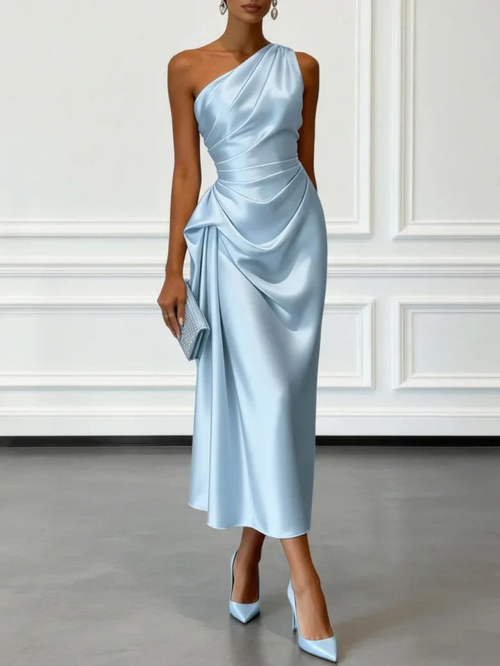 Camilla | Champagne Satin One-shoulder Sleeveless Ruffled Midi Dress