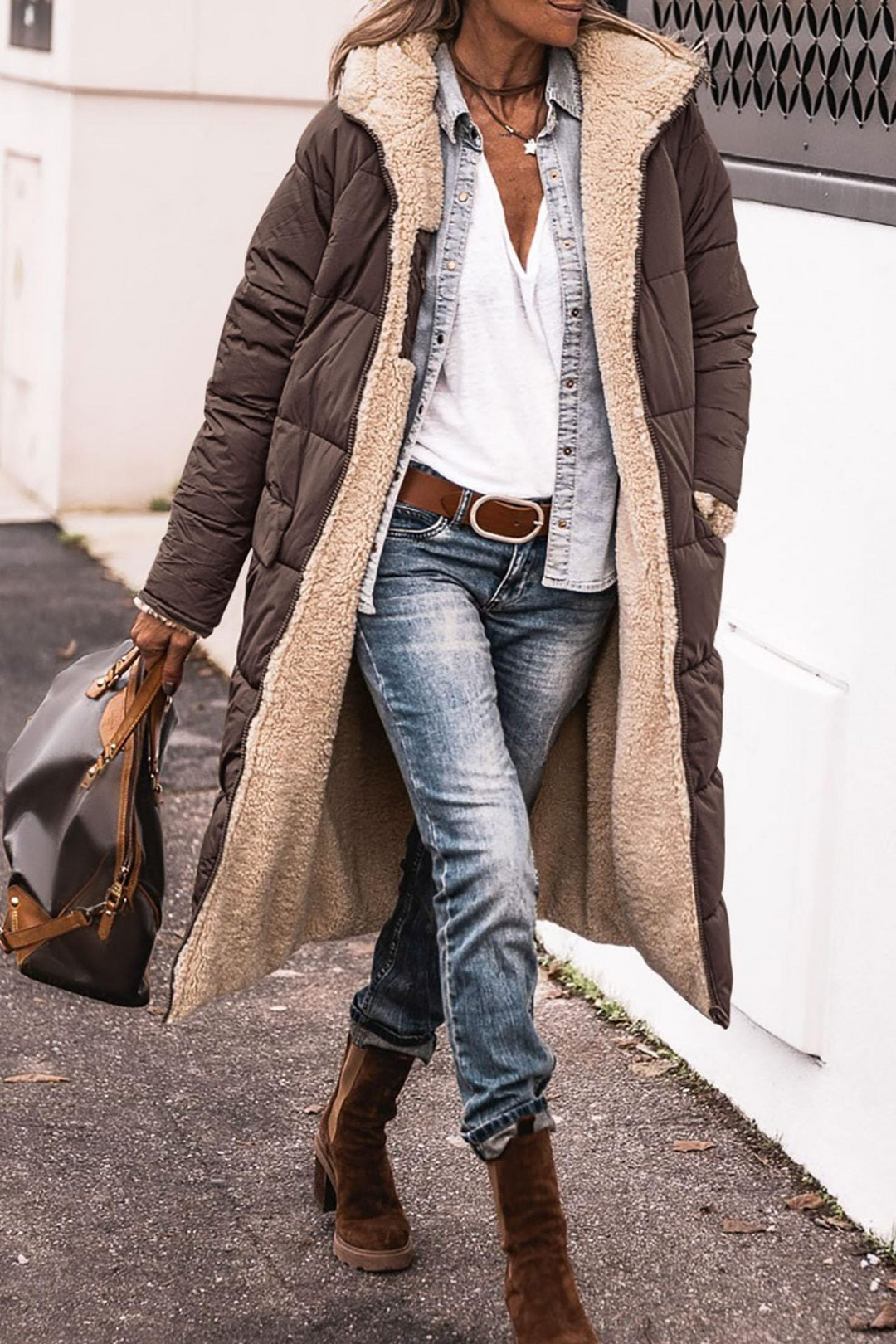 Beth | Long Reversible Puffer Coat with Sherpa Lining and Hood