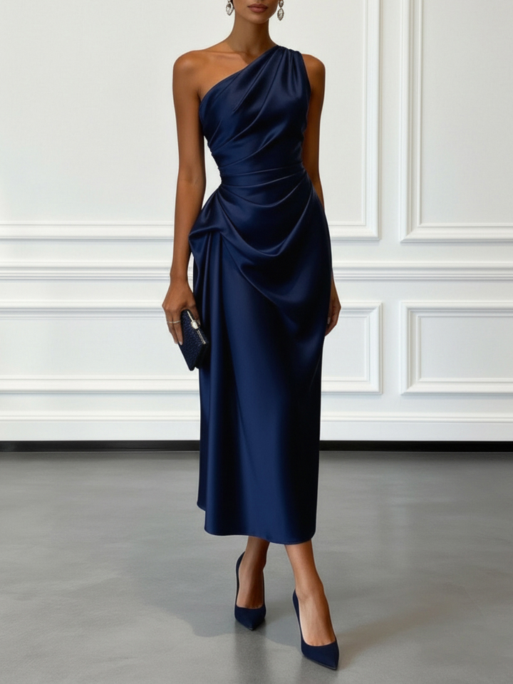 Camilla | Champagne Satin One-shoulder Sleeveless Ruffled Midi Dress