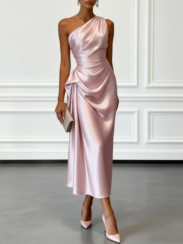 Camilla | Champagne Satin One-shoulder Sleeveless Ruffled Midi Dress