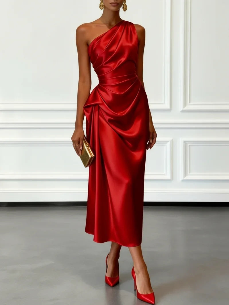 Camilla | Champagne Satin One-shoulder Sleeveless Ruffled Midi Dress