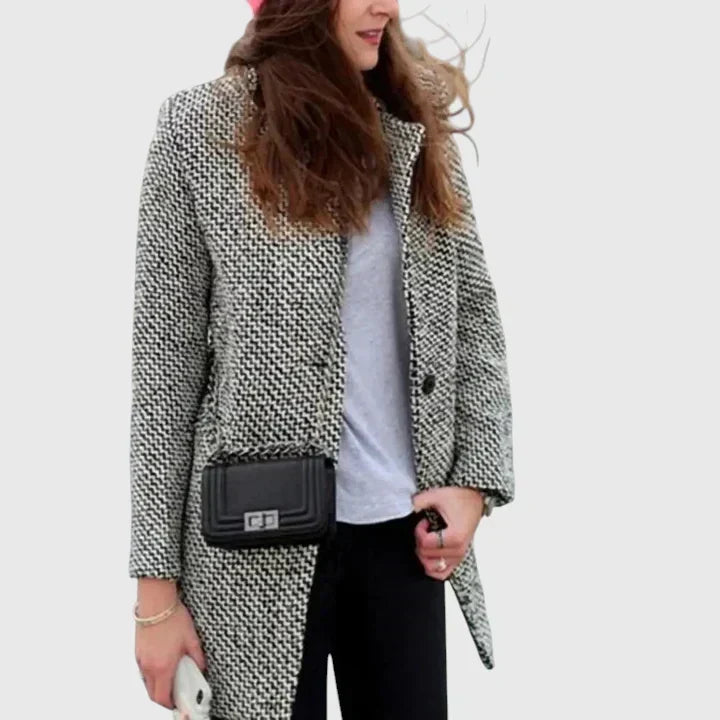 Treasure | Women's Grey Houndstooth Wool Coat with Printed Lining