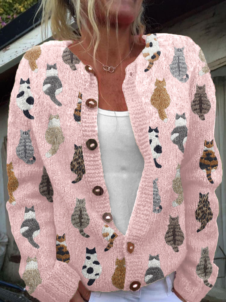 Michaela | Women's Cat Print Knit Cardigan for Autumn/Winter