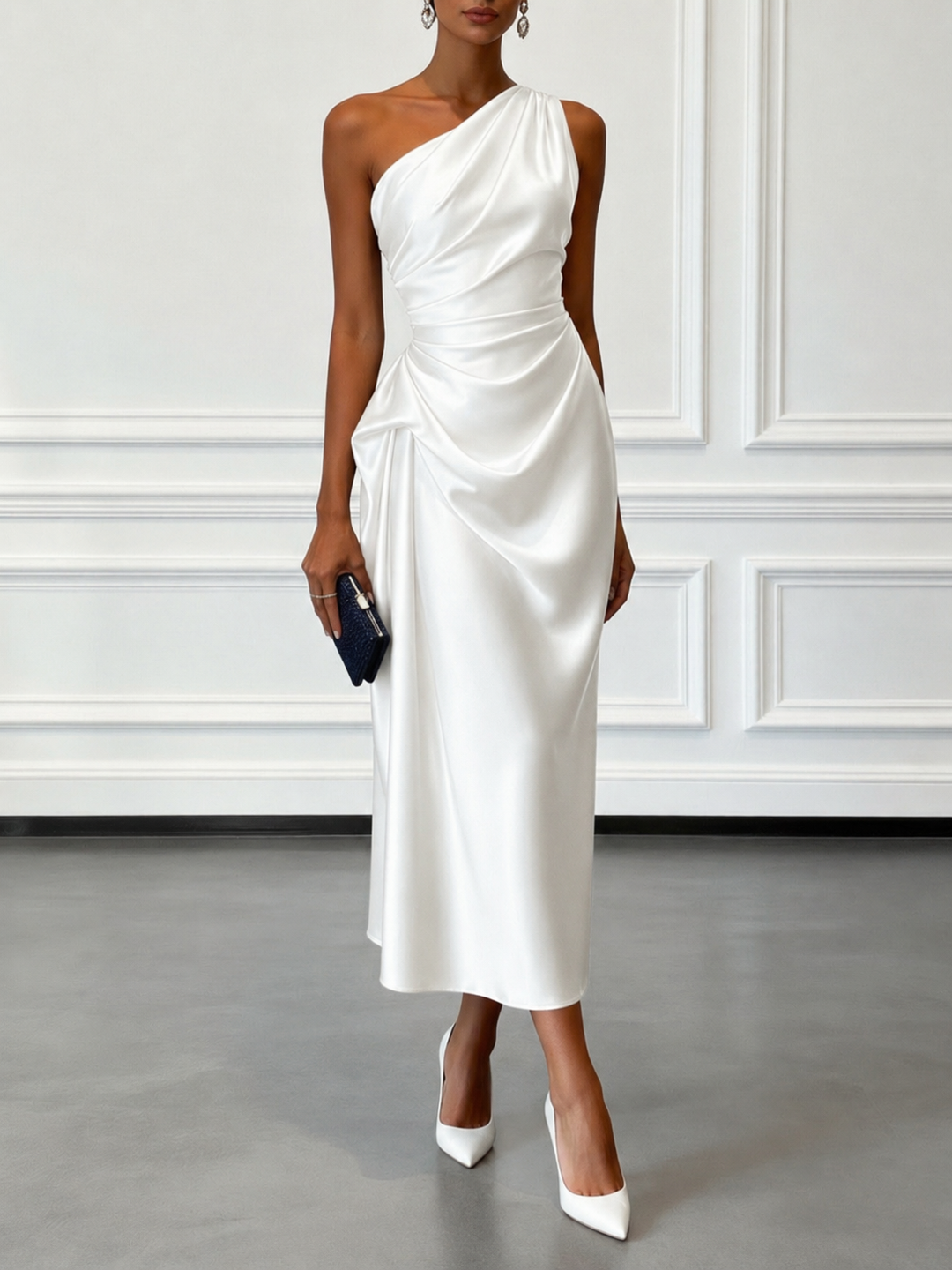 Camilla | Champagne Satin One-shoulder Sleeveless Ruffled Midi Dress