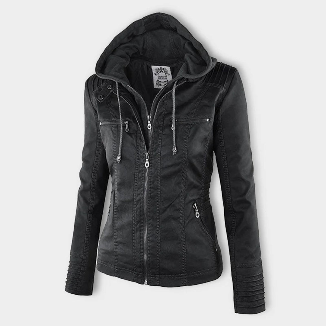 Emily | Women's Leather Biker Jacket with Removable Hood and Zip Detail