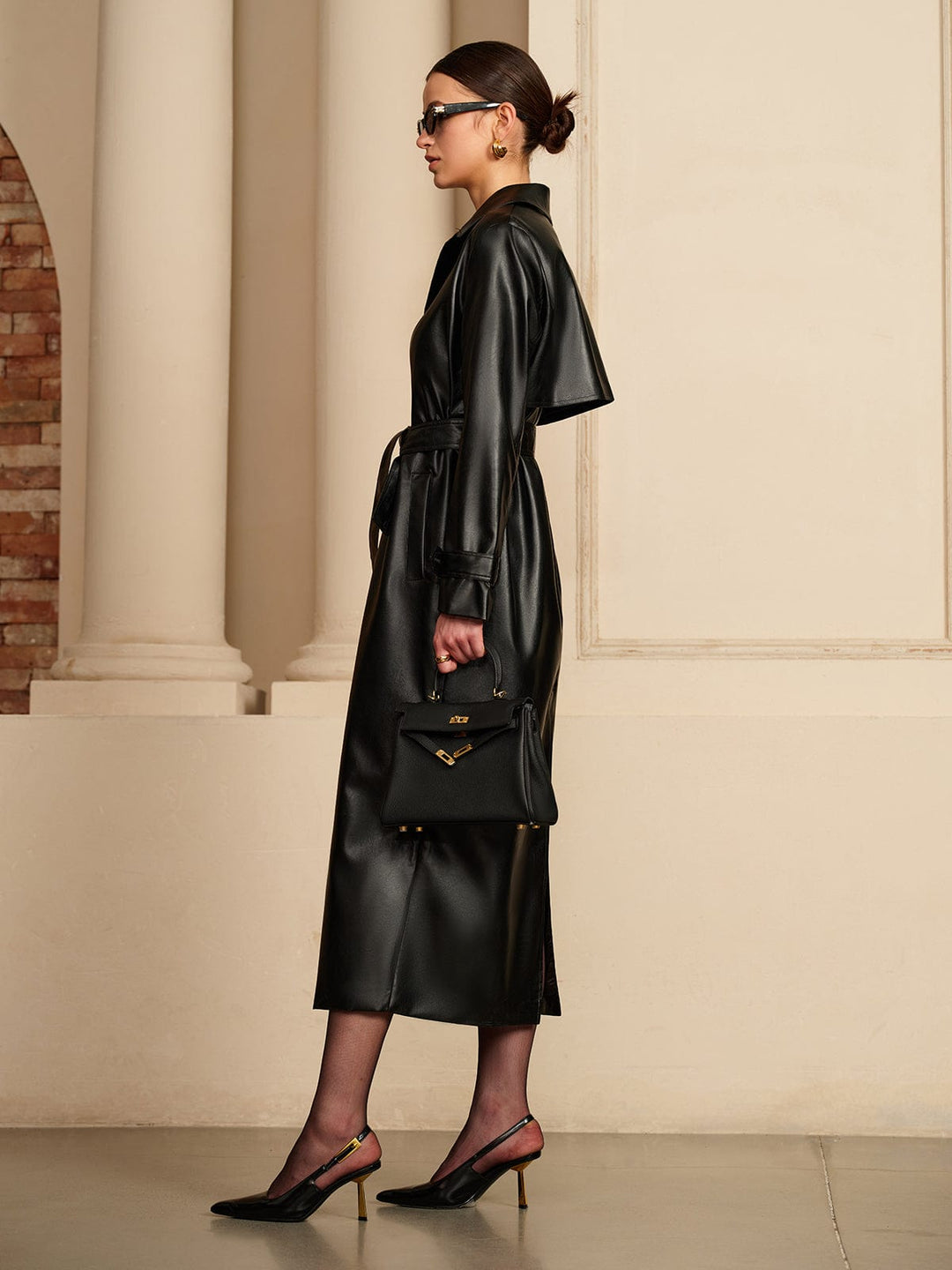 Crystal | Women's Chiq Leather Trench Coat with Belt and Button Front