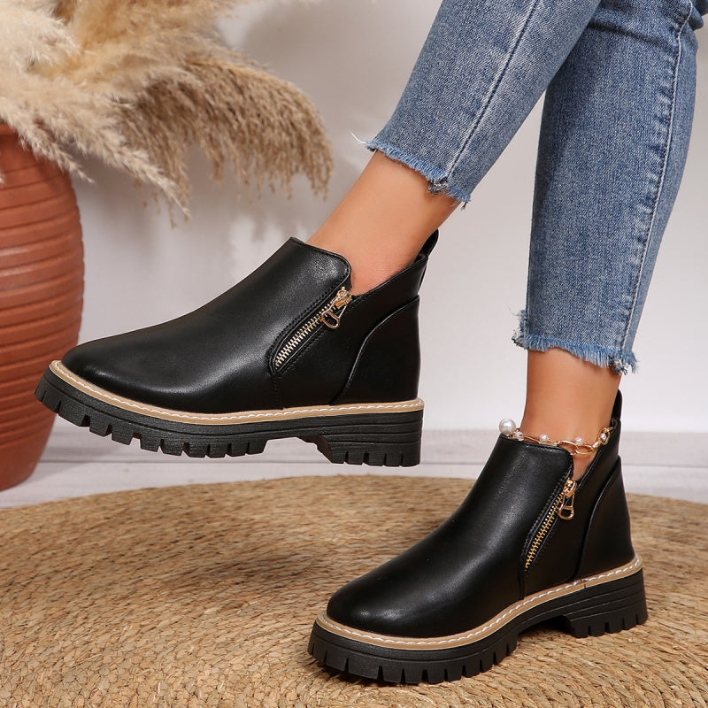 Ruth | Black Leather Ankle Boots with Chunky Sole and Gold Zip
