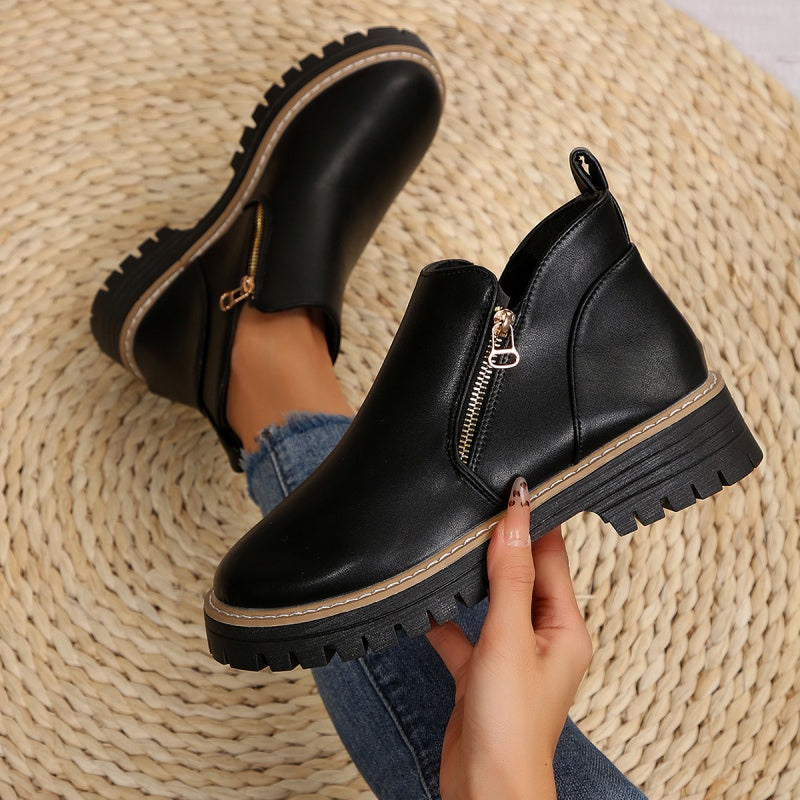 Ruth | Black Leather Ankle Boots with Chunky Sole and Gold Zip