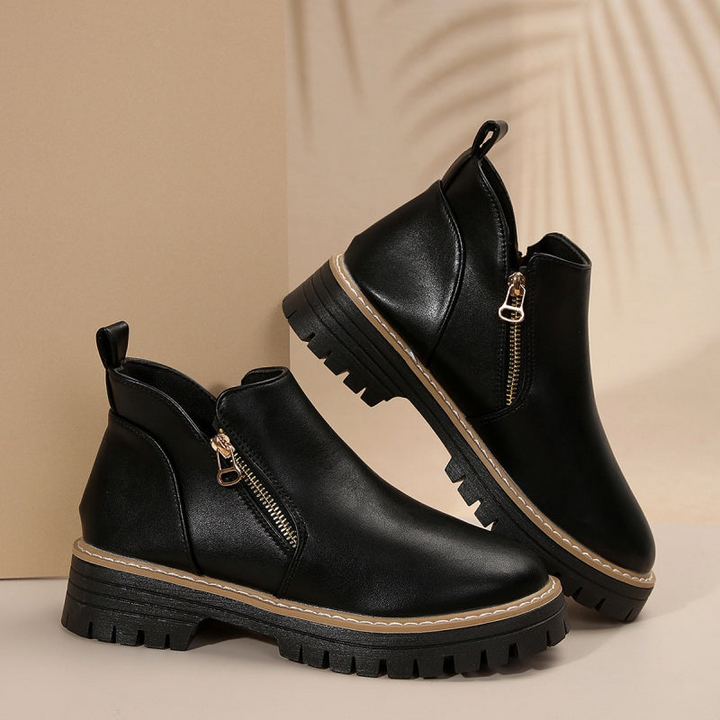 Ruth | Black Leather Ankle Boots with Chunky Sole and Gold Zip