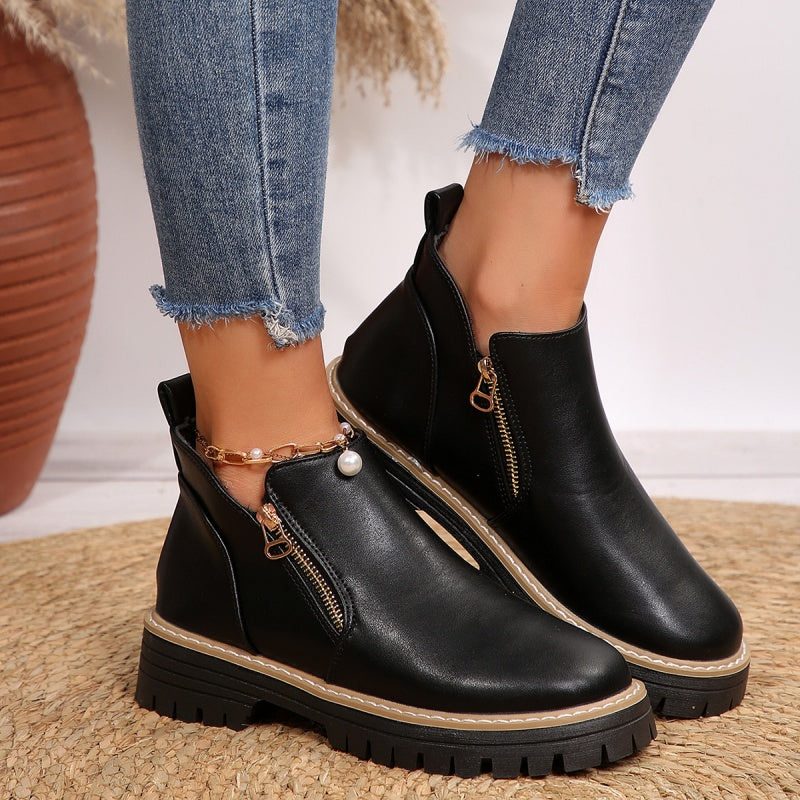 Ruth | Black Leather Ankle Boots with Chunky Sole and Gold Zip