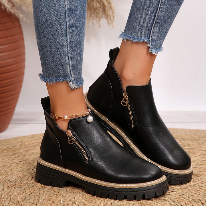 Ruth | Black Leather Ankle Boots with Chunky Sole and Gold Zip