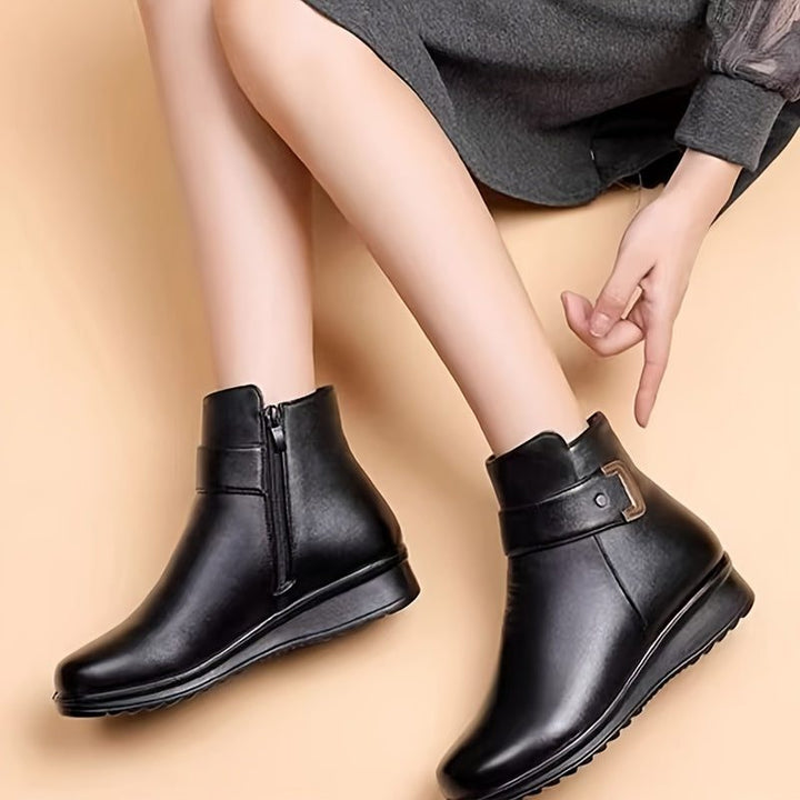Lennon | Black Leather Ankle Boots with Fleece Lining and Gold Buckle