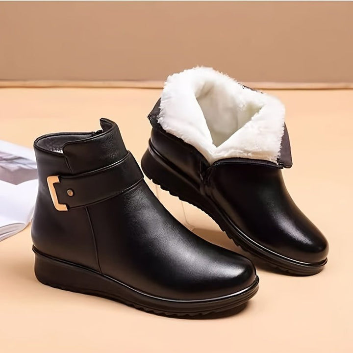 Lennon | Black Leather Ankle Boots with Fleece Lining and Gold Buckle