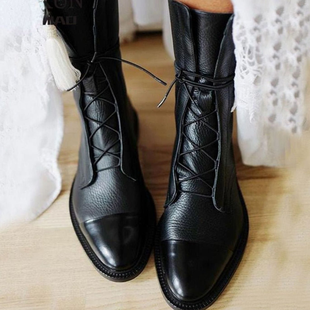 Jazlyn | Black Leather Lace-Up Ankle Boots with Cap Toe