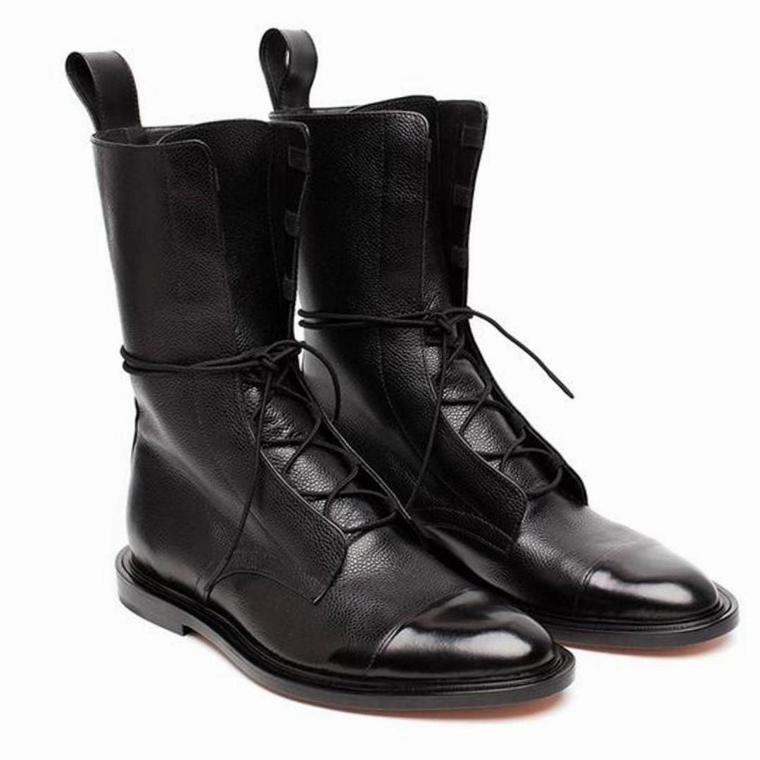 Jazlyn | Black Leather Lace-Up Ankle Boots with Cap Toe