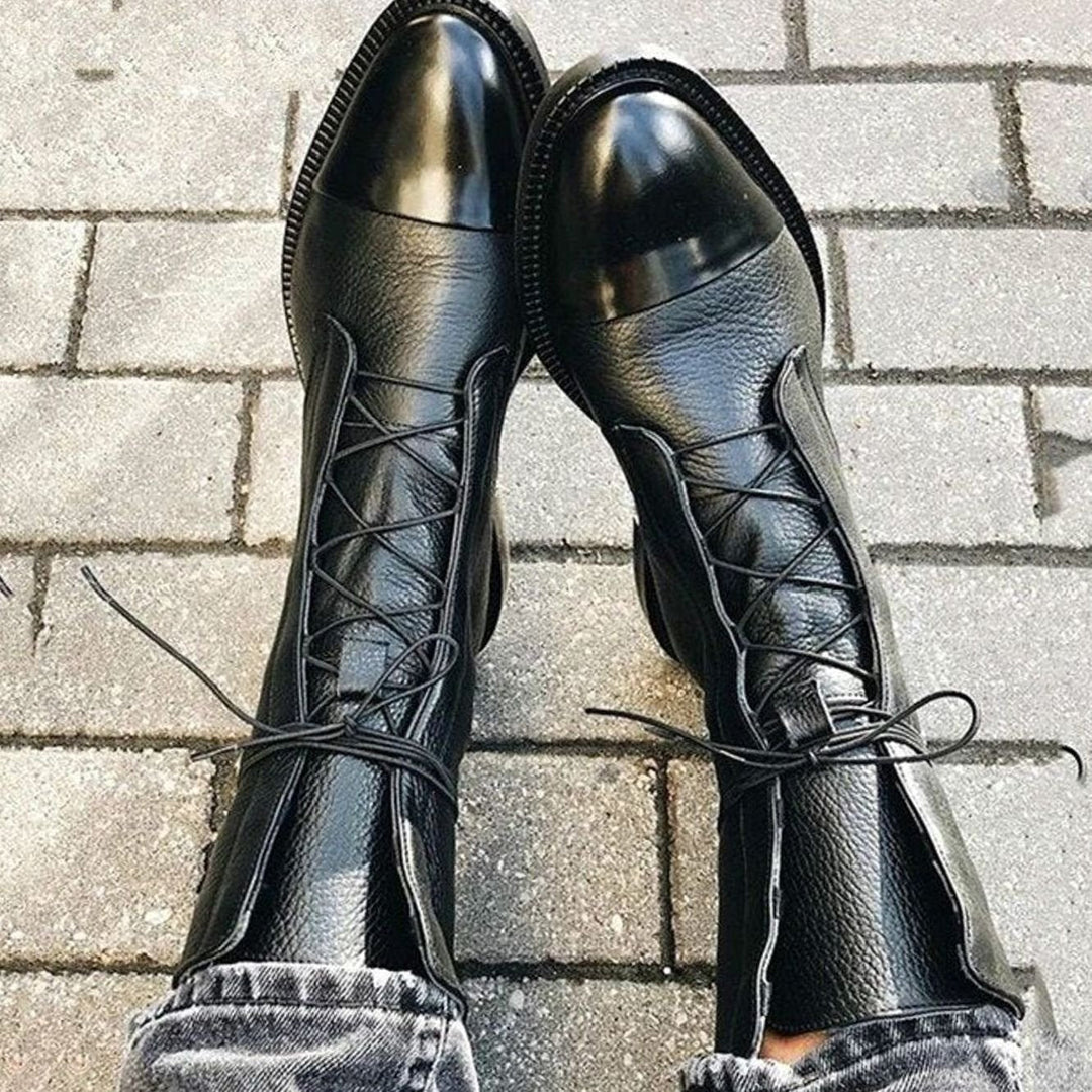 Jazlyn | Black Leather Lace-Up Ankle Boots with Cap Toe