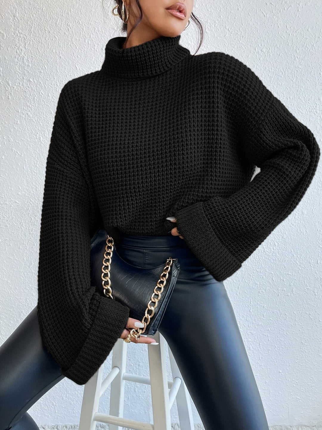 Alexis | Black Oversized Turtleneck Sweater with Waffle Knit Texture