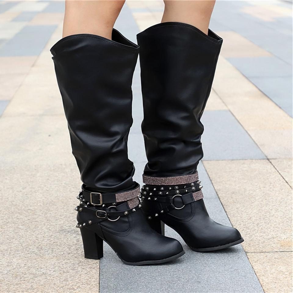 Nova | Block Heel Leather Knee High Boots with Studded Straps