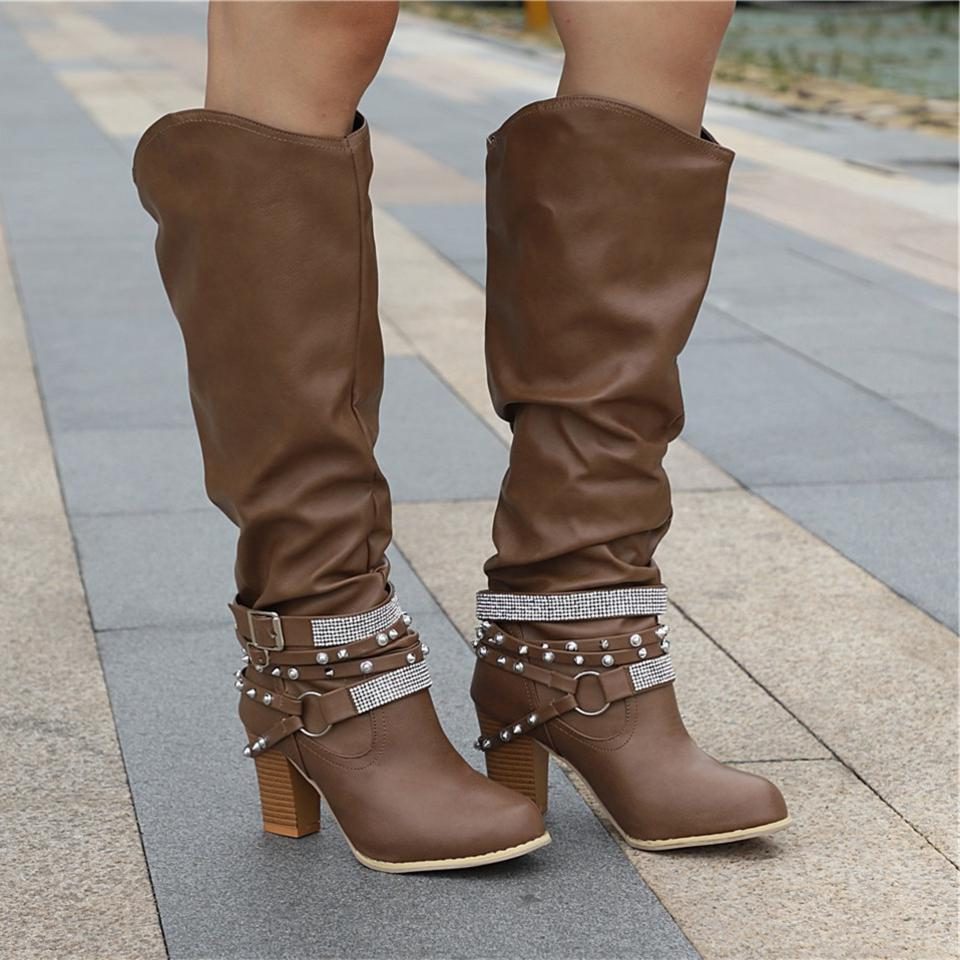 Nova | Block Heel Leather Knee High Boots with Studded Straps