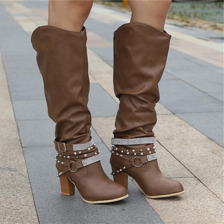 Nova | Block Heel Leather Knee High Boots with Studded Straps