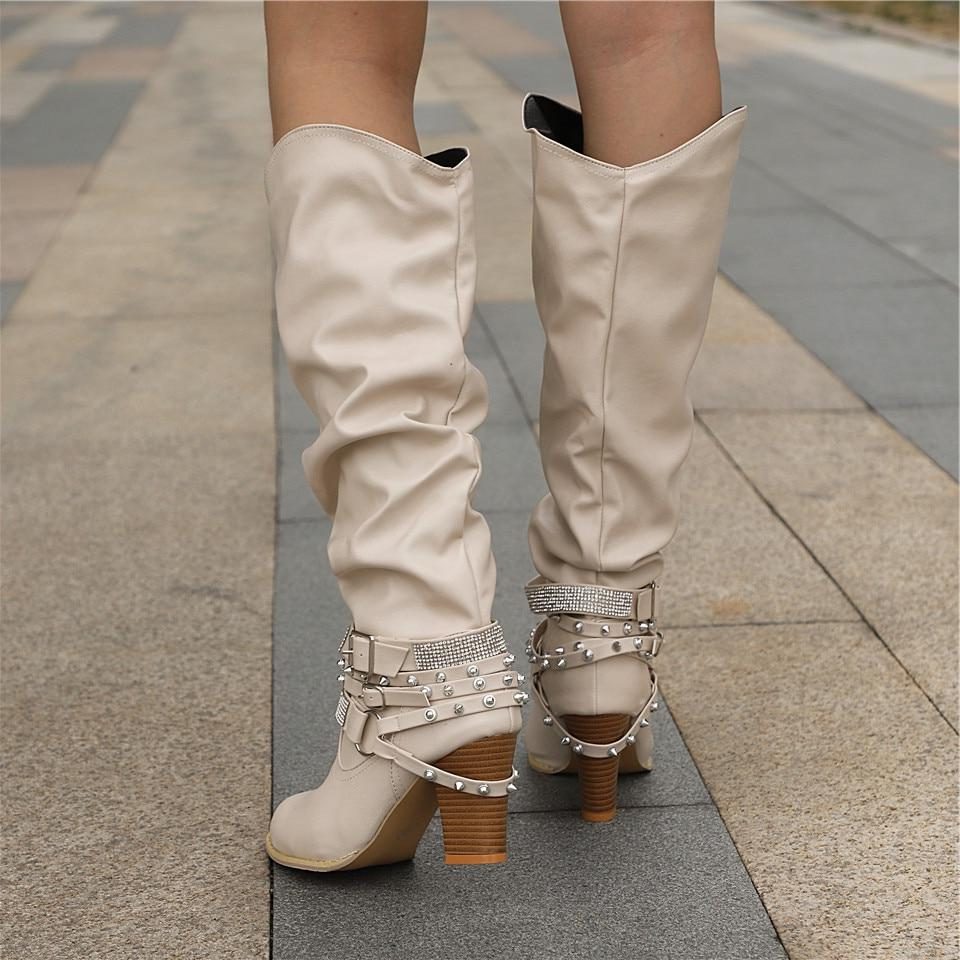 Nova | Block Heel Leather Knee High Boots with Studded Straps
