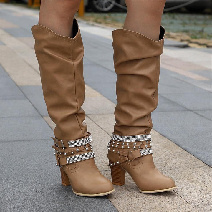 Nova | Block Heel Leather Knee High Boots with Studded Straps