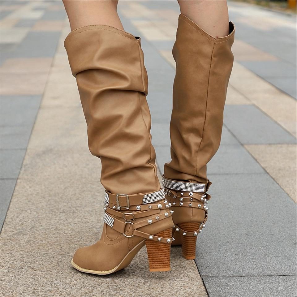 Nova | Block Heel Leather Knee High Boots with Studded Straps