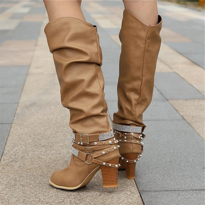 Nova | Block Heel Leather Knee High Boots with Studded Straps