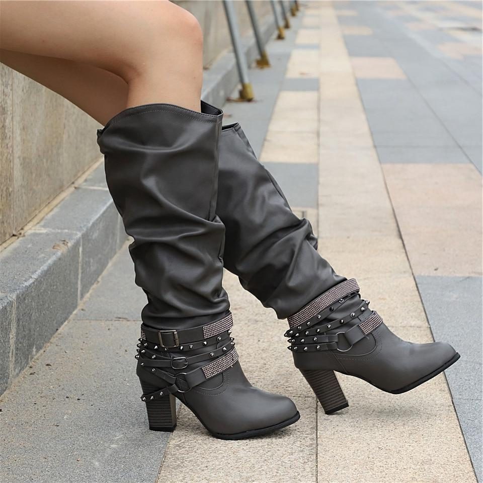 Nova | Block Heel Leather Knee High Boots with Studded Straps