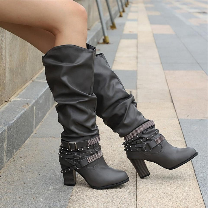 Nova | Block Heel Leather Knee High Boots with Studded Straps