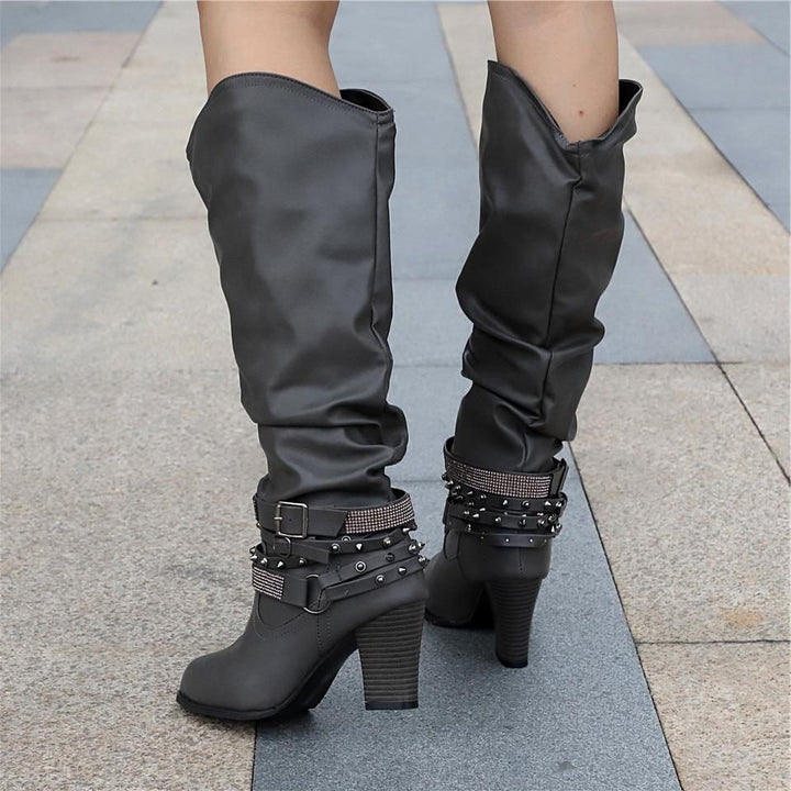 Nova | Block Heel Leather Knee High Boots with Studded Straps
