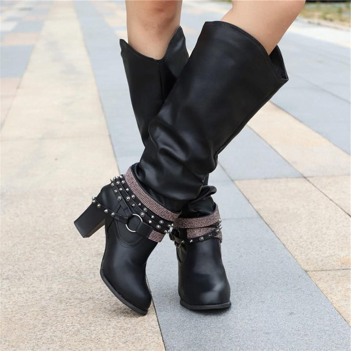 Nova | Block Heel Leather Knee High Boots with Studded Straps