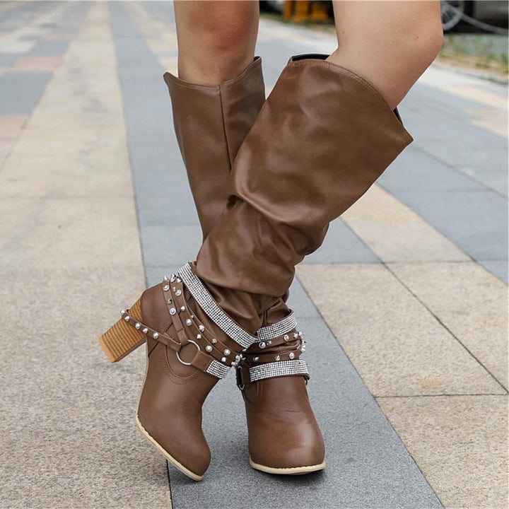 Nova | Block Heel Leather Knee High Boots with Studded Straps