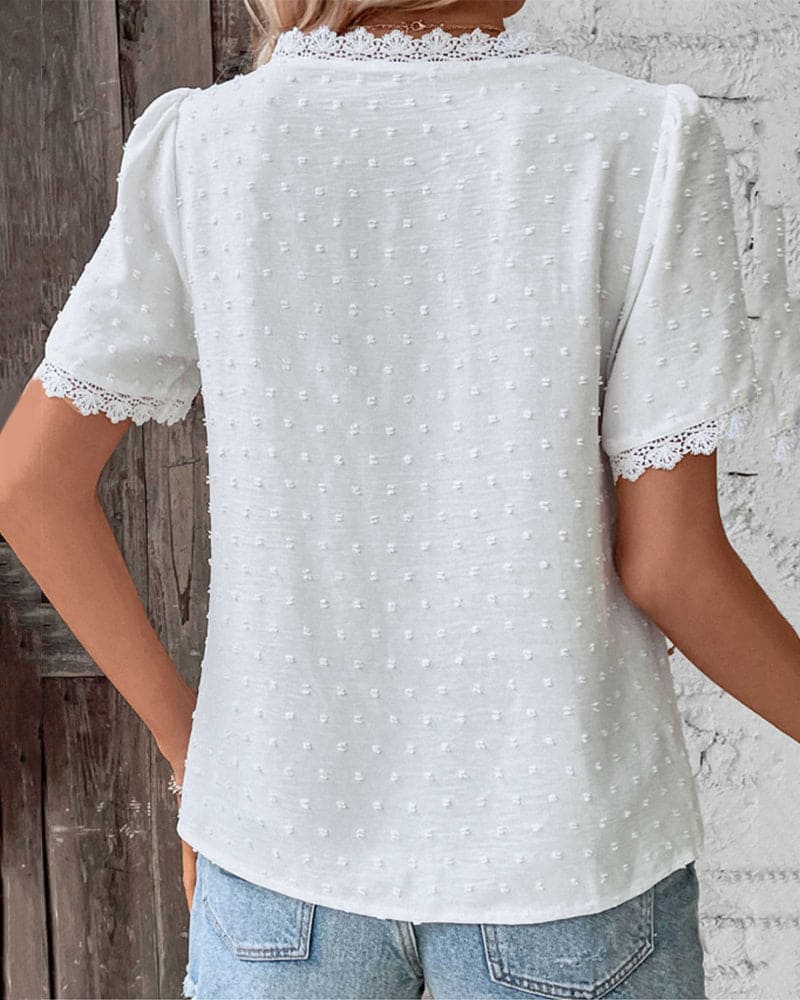 Bria | Women's Lace Trim Blouse with Swiss Dot Texture and V-Neckline