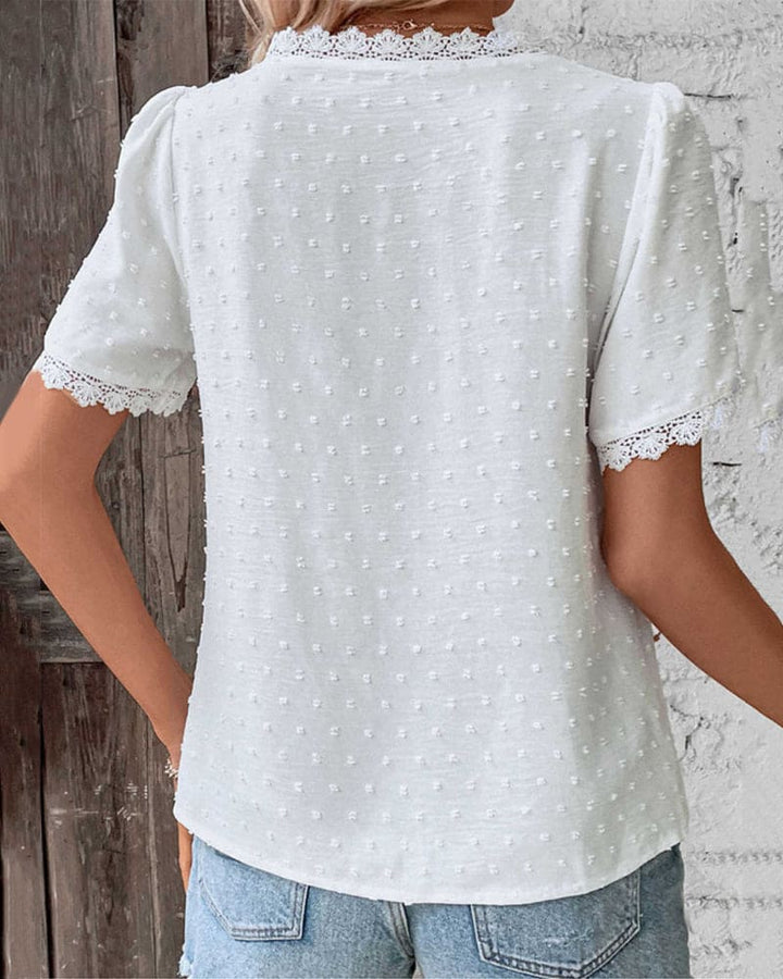 Bria | Women's Lace Trim Blouse with Swiss Dot Texture and V-Neckline