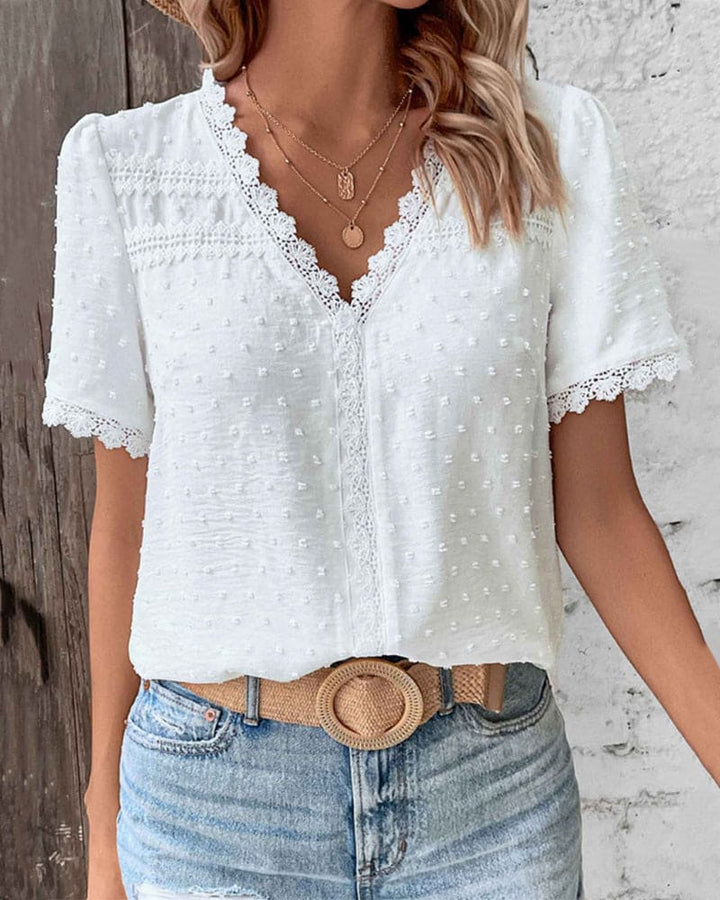 Bria | Women's Lace Trim Blouse with Swiss Dot Texture and V-Neckline