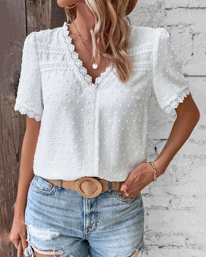 Bria | Women's Lace Trim Blouse with Swiss Dot Texture and V-Neckline