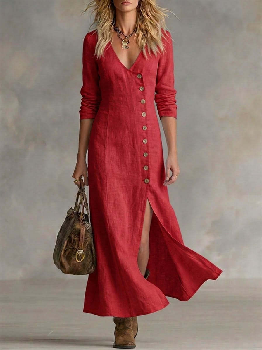 Amaya | Boho Linen Maxi Dress with V-Neckline and Button Front