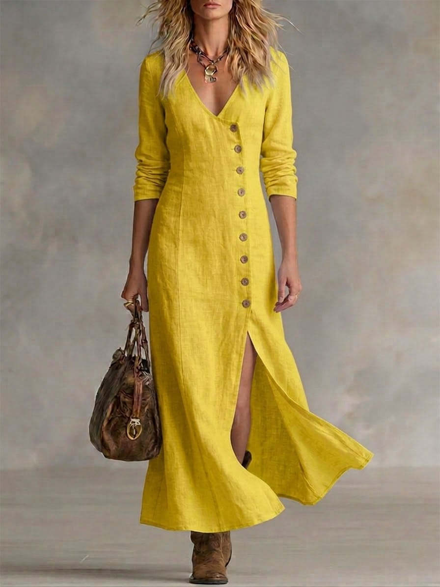 Amaya | Boho Linen Maxi Dress with V-Neckline and Button Front