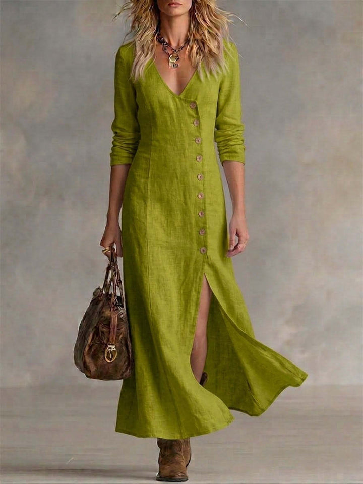 Amaya | Boho Linen Maxi Dress with V-Neckline and Button Front