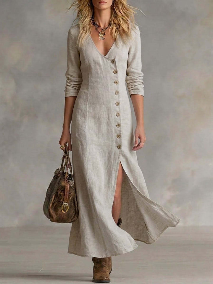Amaya | Boho Linen Maxi Dress with V-Neckline and Button Front