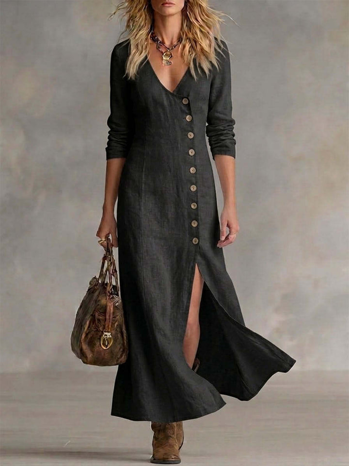 Amaya | Boho Linen Maxi Dress with V-Neckline and Button Front